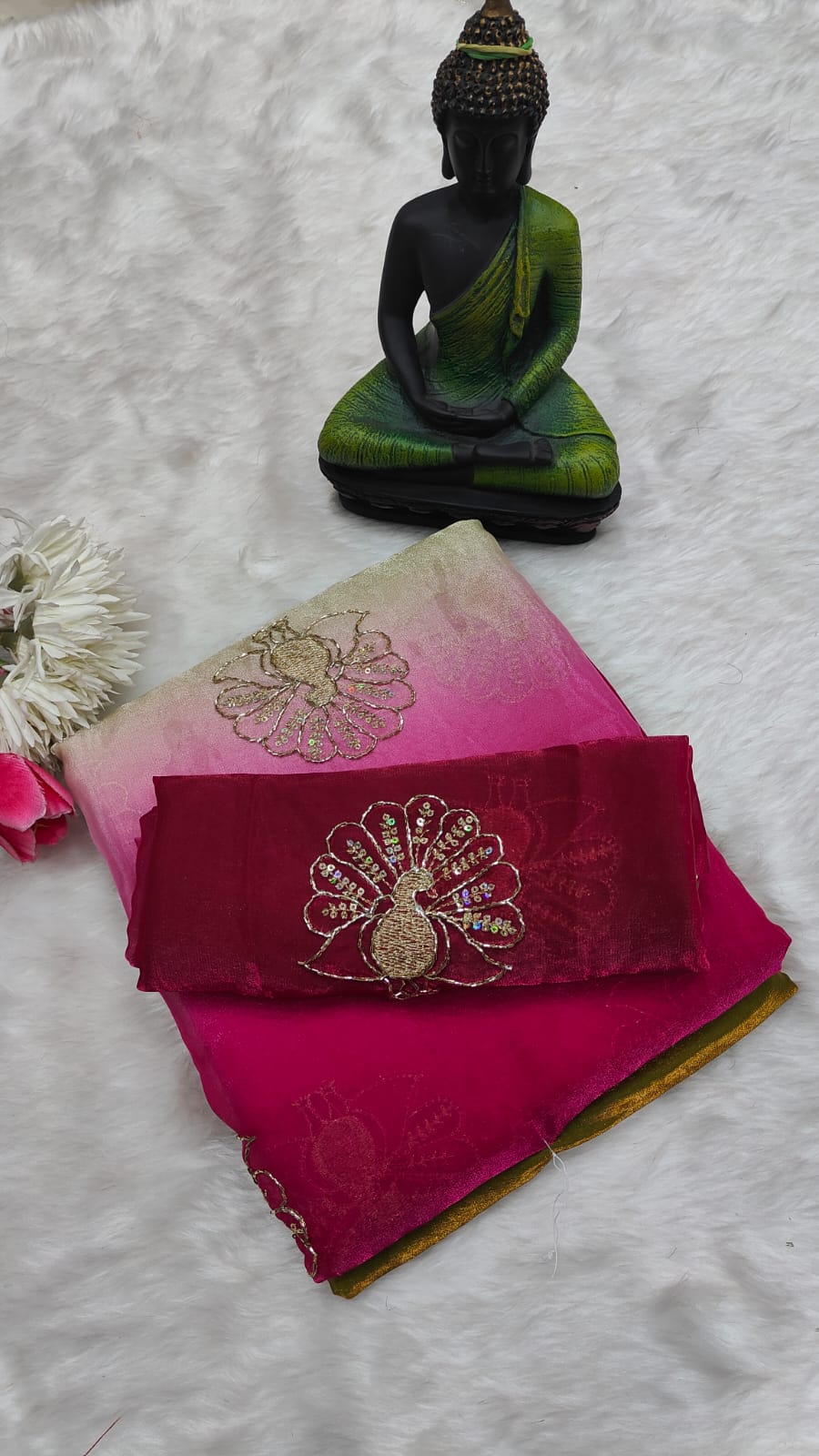 Green and Pink Color Fendi Silk Handwork Saree - Image 3