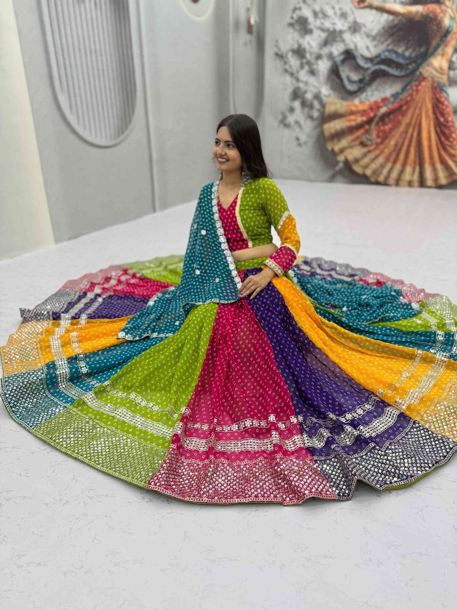 Multi Color Bandhni Printed Chaniya Choli with Sequence Embroidery - Image 6