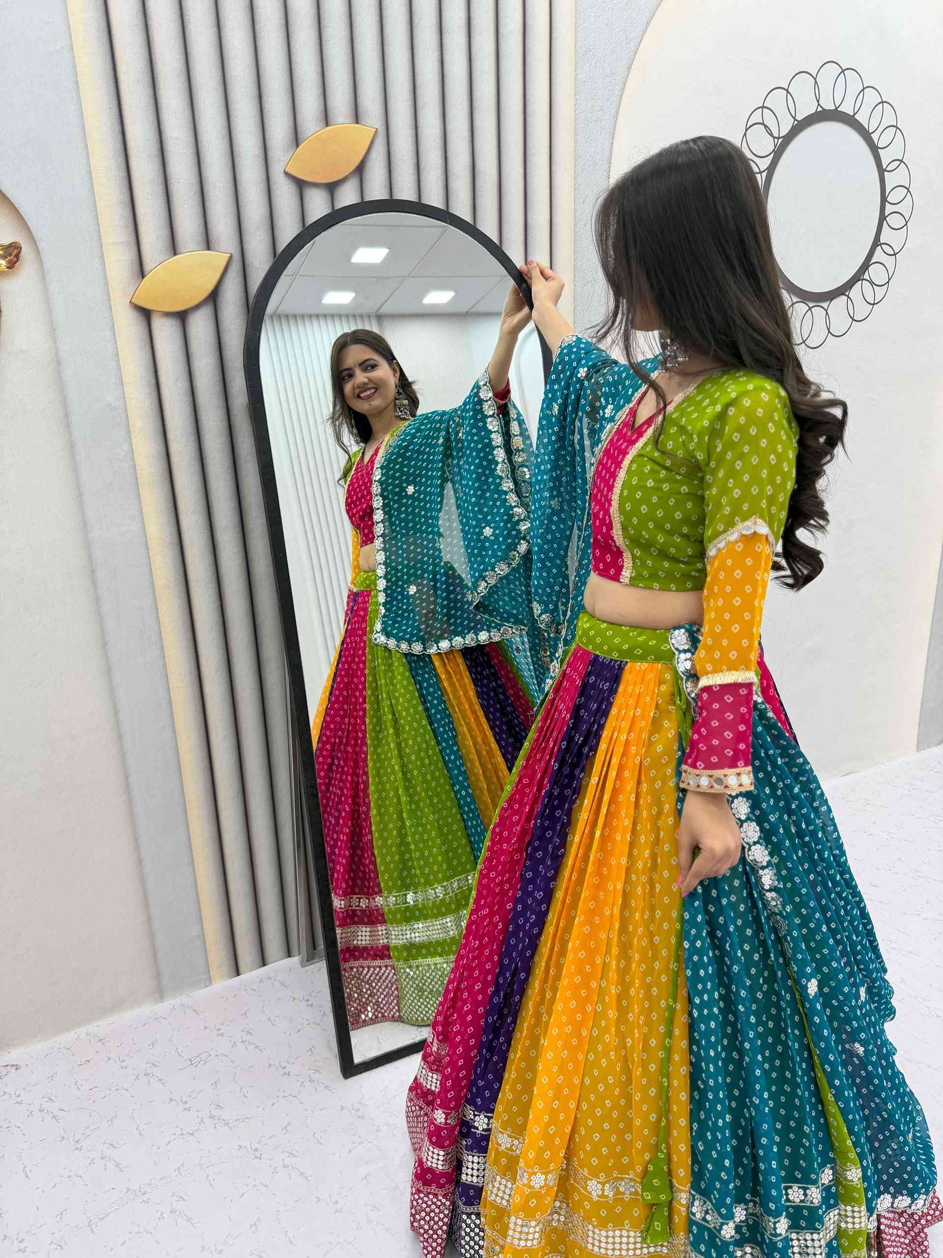 Multi Color Bandhni Printed Chaniya Choli with Sequence Embroidery - Image 7
