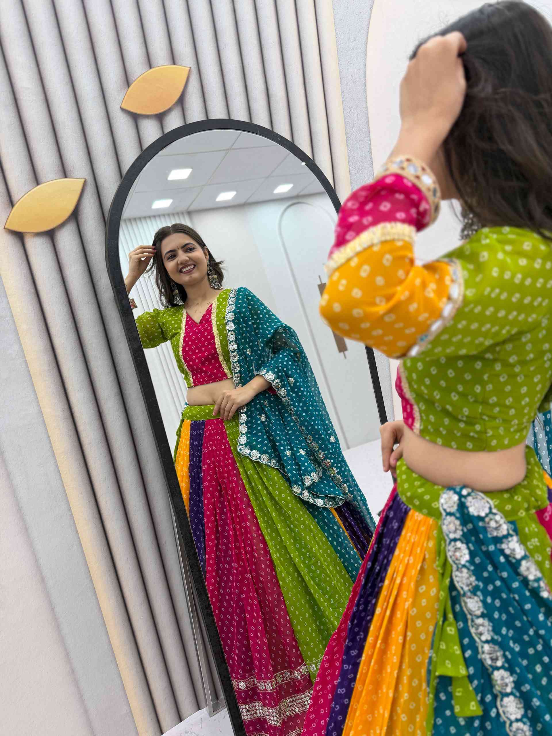 Multi Color Bandhni Printed Chaniya Choli with Sequence Embroidery - Image 2