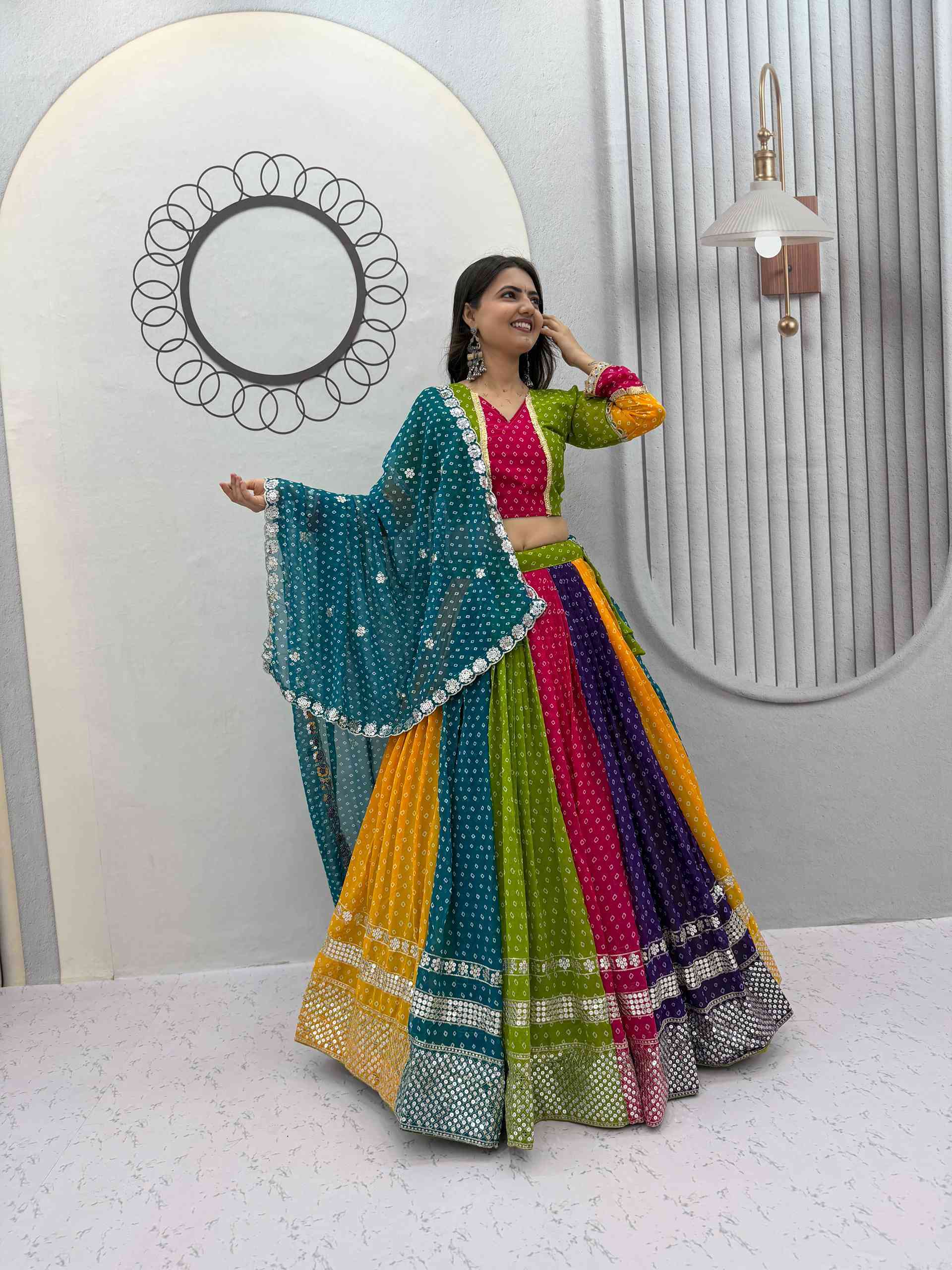 Multi Color Bandhni Printed Chaniya Choli with Sequence Embroidery - Image 3