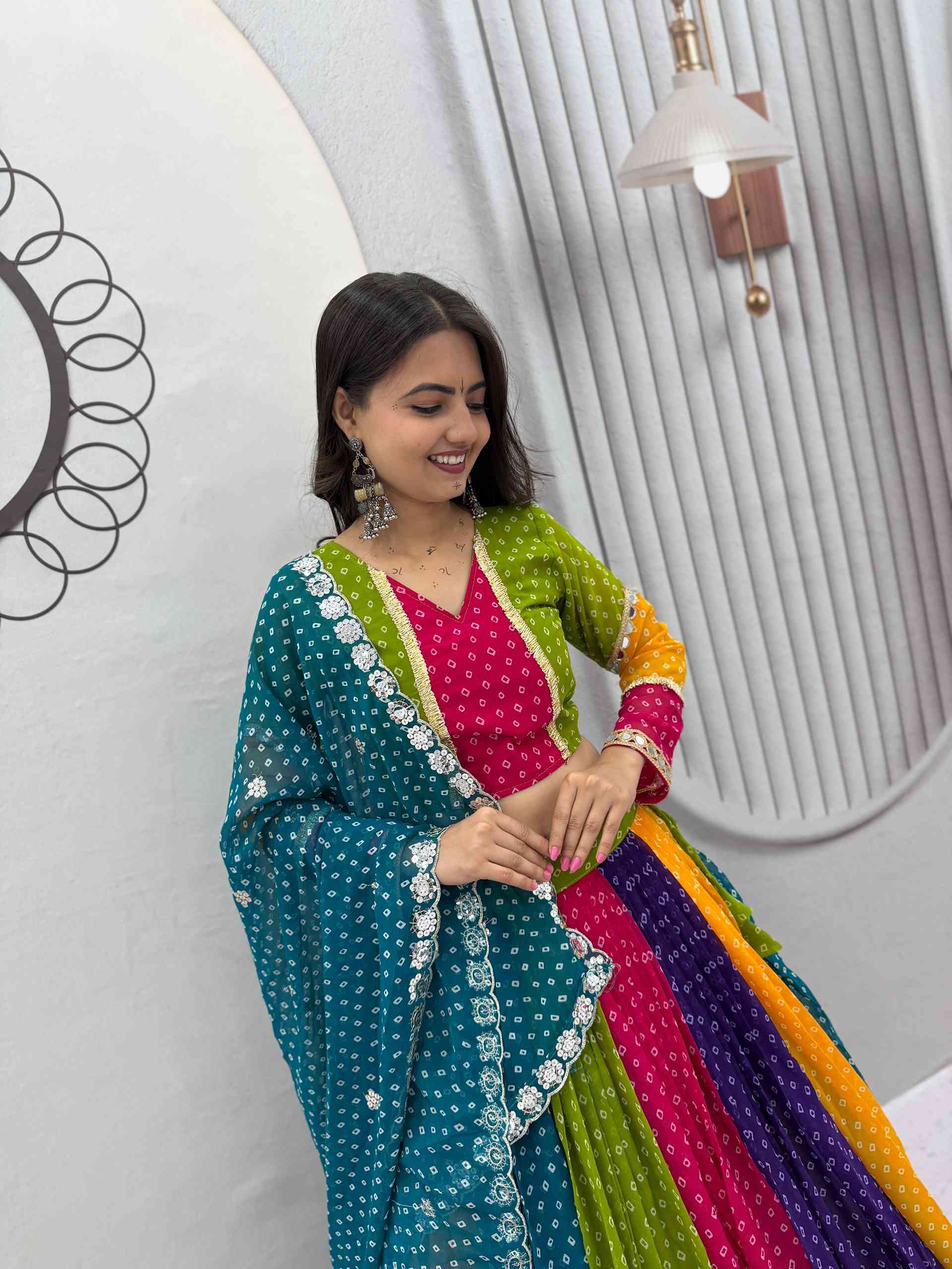 Multi Color Bandhni Printed Chaniya Choli with Sequence Embroidery - Image 4