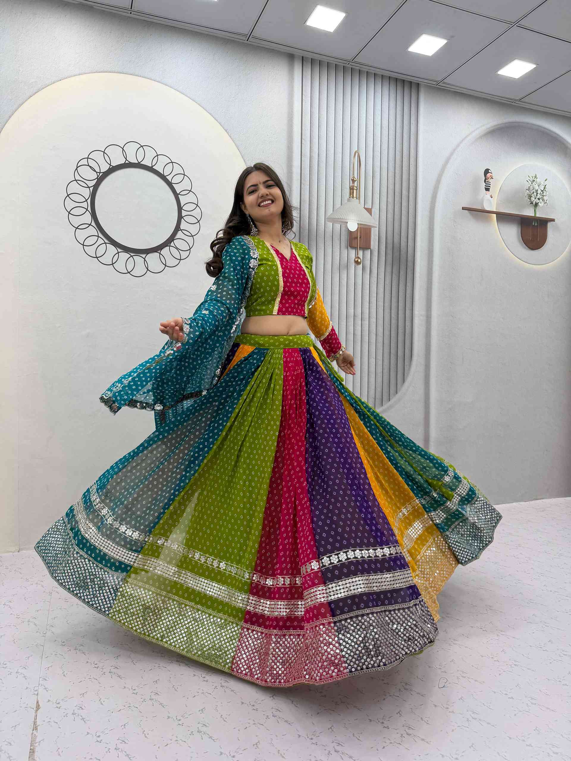 Multi Color Bandhni Printed Chaniya Choli with Sequence Embroidery - Image 5