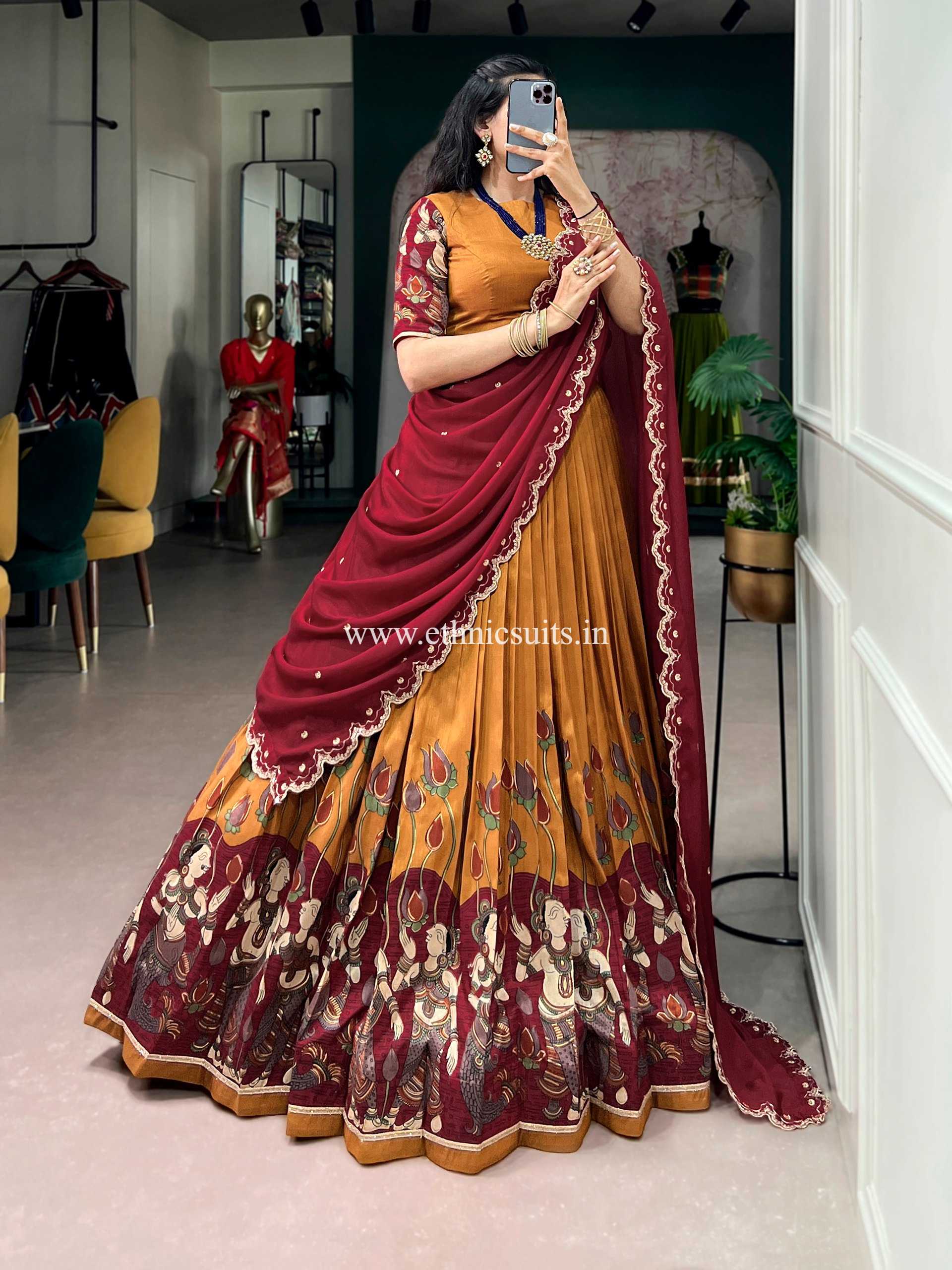 Orange Color Kalamkari Printed Lehenga Blouse - Image 2