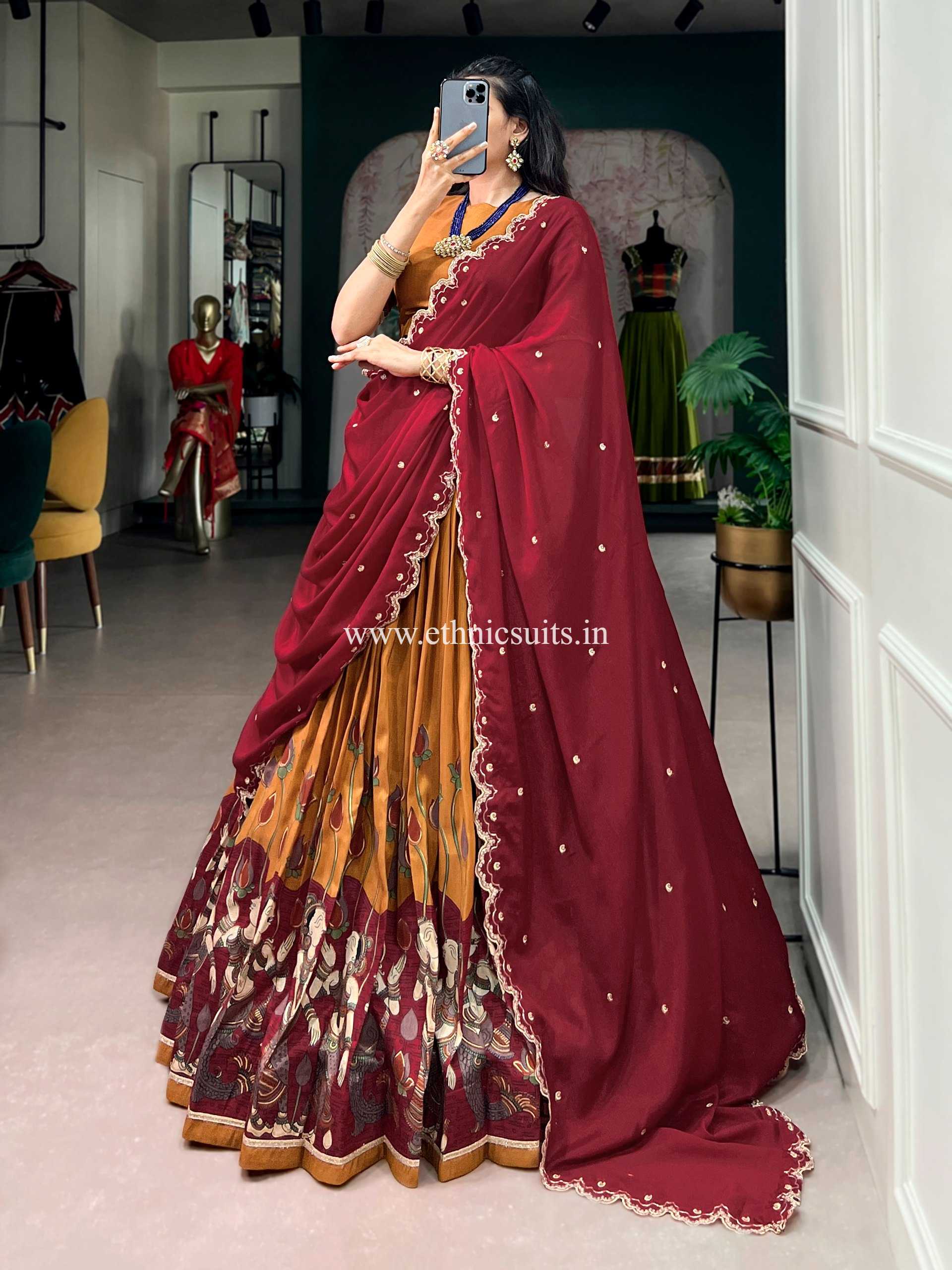 Orange Color Kalamkari Printed Lehenga Blouse - Image 3