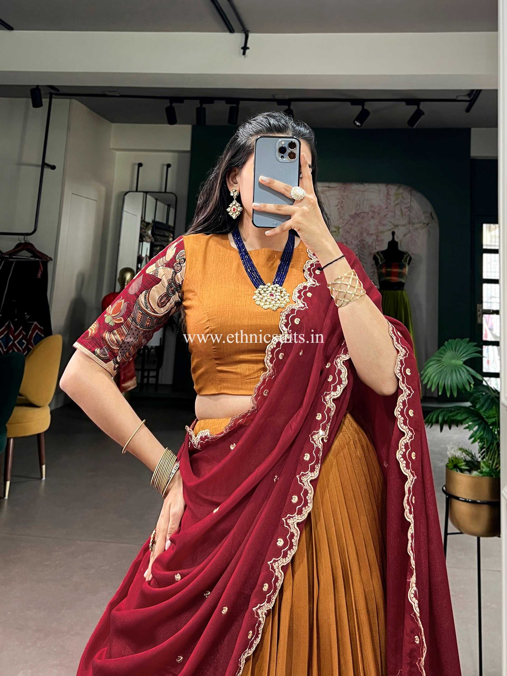 Orange Color Kalamkari Printed Lehenga Blouse - Image 4