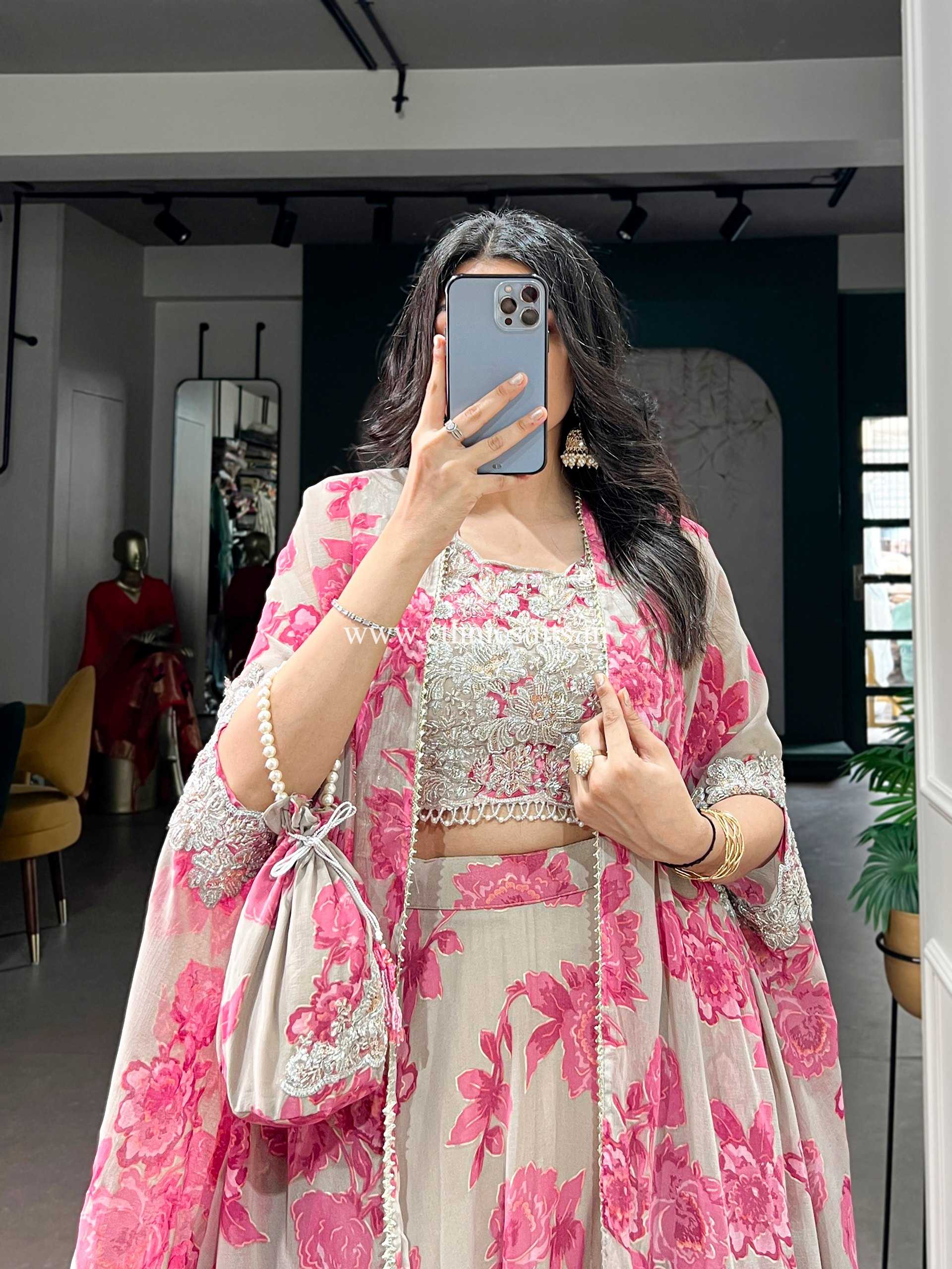 Party Wear Pink Floral Lehenga Choli with Cape - Image 2