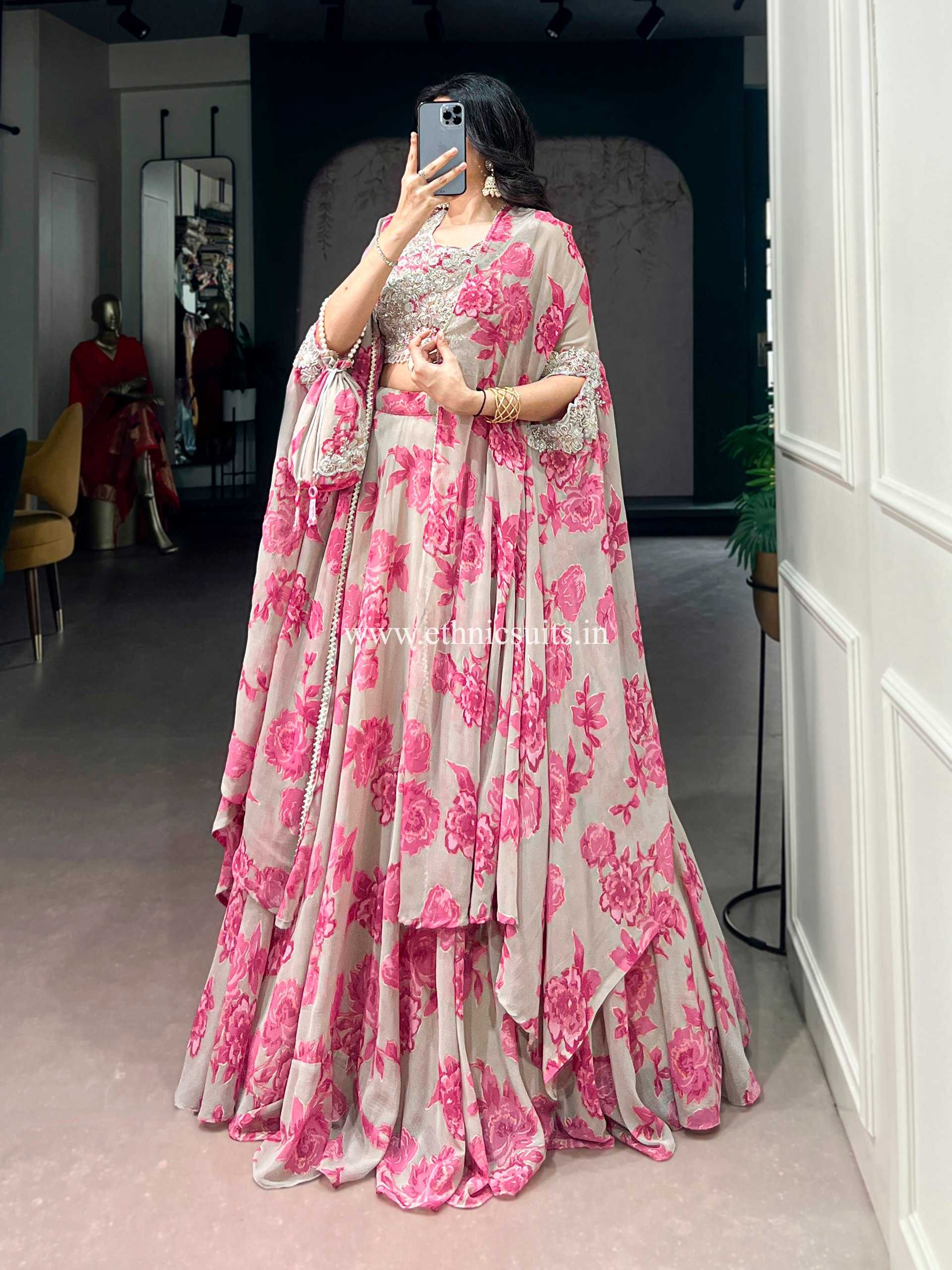 Party Wear Pink Floral Lehenga Choli with Cape - Image 3