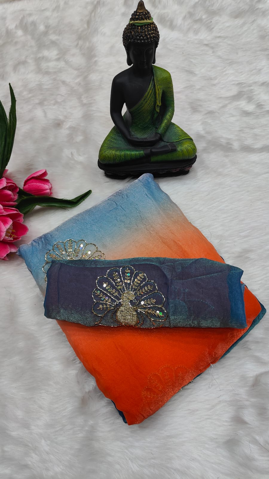 Peacock Embroidery Cut Dana work Saree - Image 3