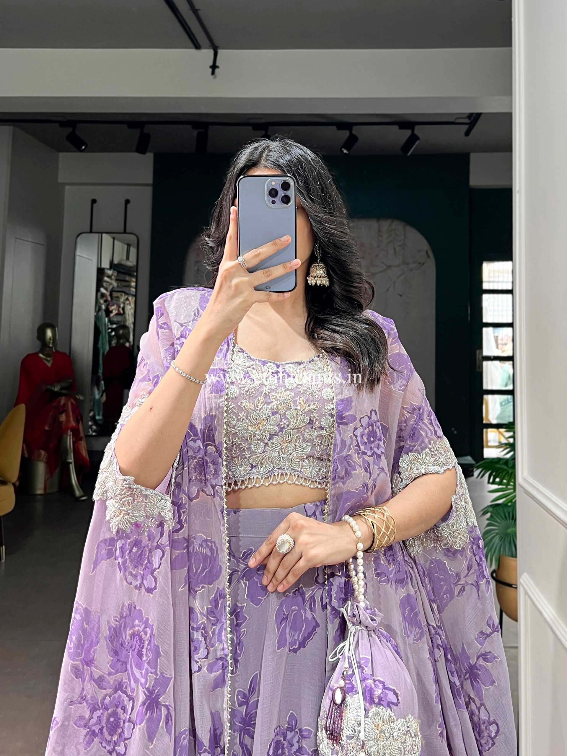 Purple Color Floral Lehenga Choli with Cape Dupatta - Image 2