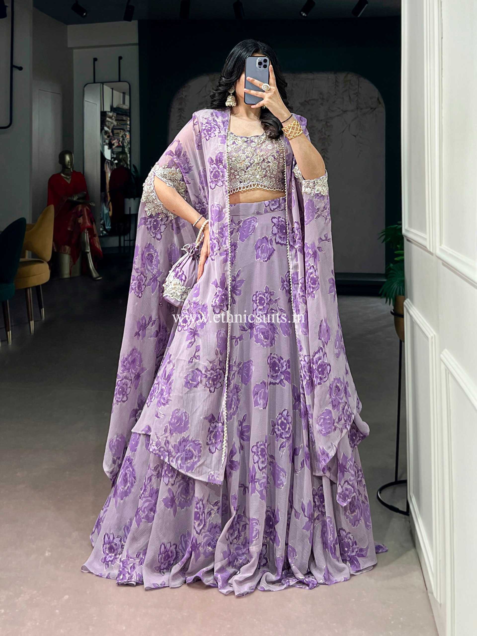 Purple Color Floral Lehenga Choli with Cape Dupatta - Image 3