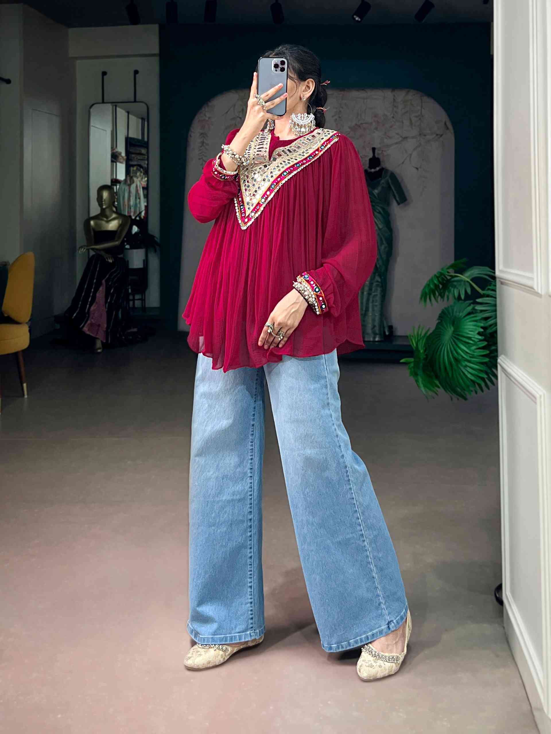 Red Designer V Neck Tunic Top for Navratri - Image 2