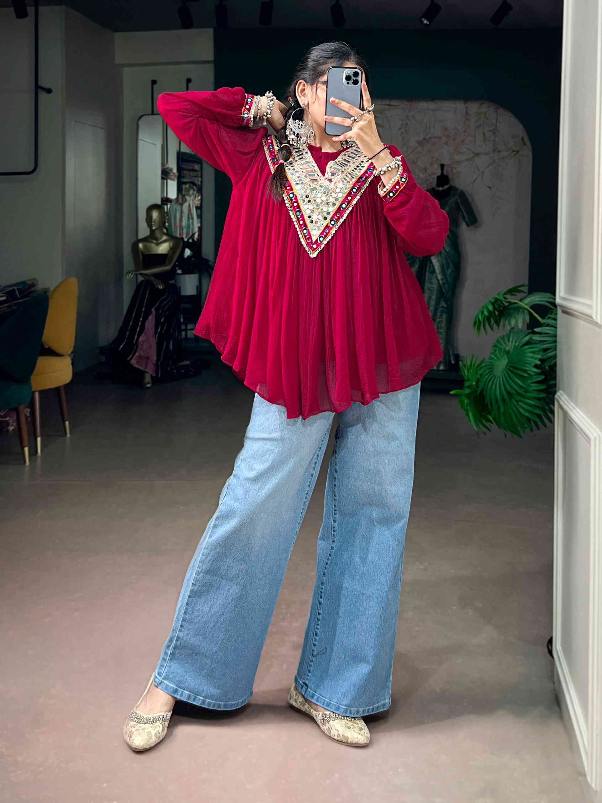 Red Designer V Neck Tunic Top for Navratri - Image 3