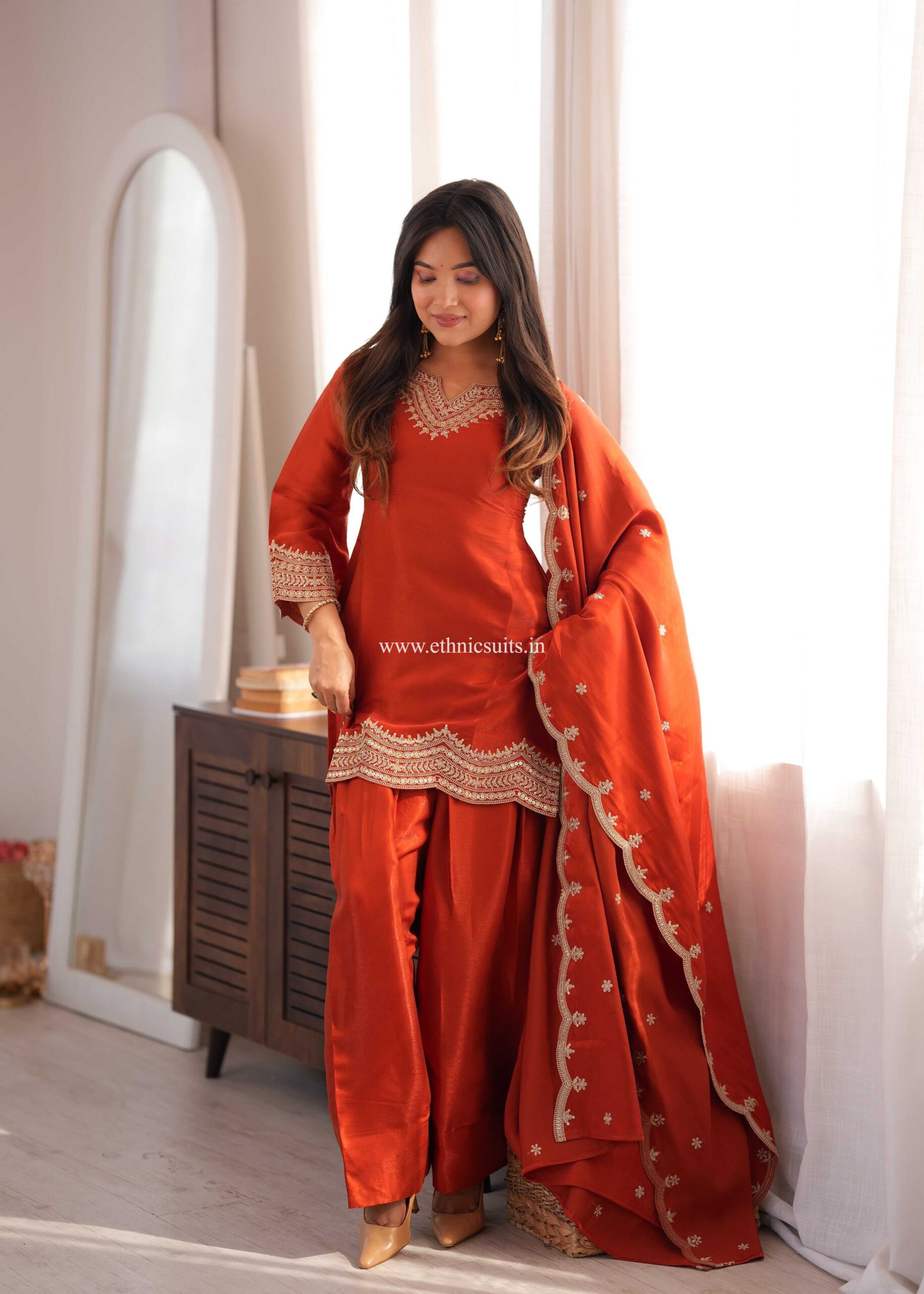 Rust Color Farshi Salwar Suit for Girls - Image 2