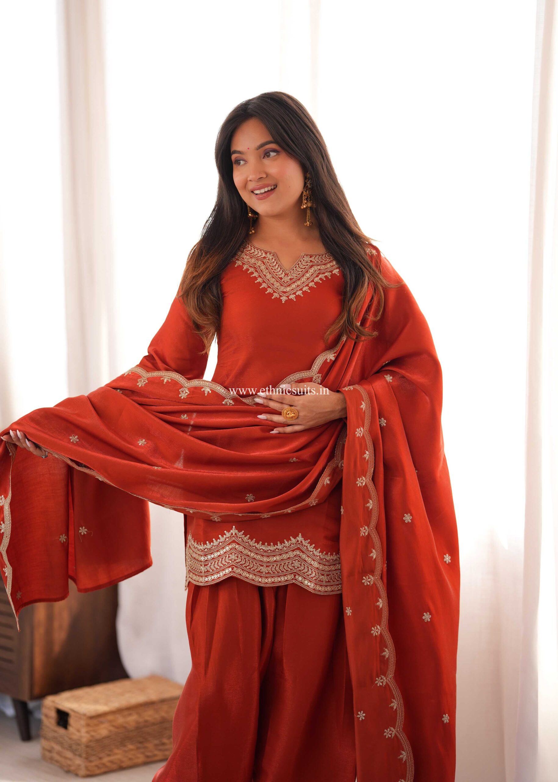 Rust Color Farshi Salwar Suit for Girls - Image 3