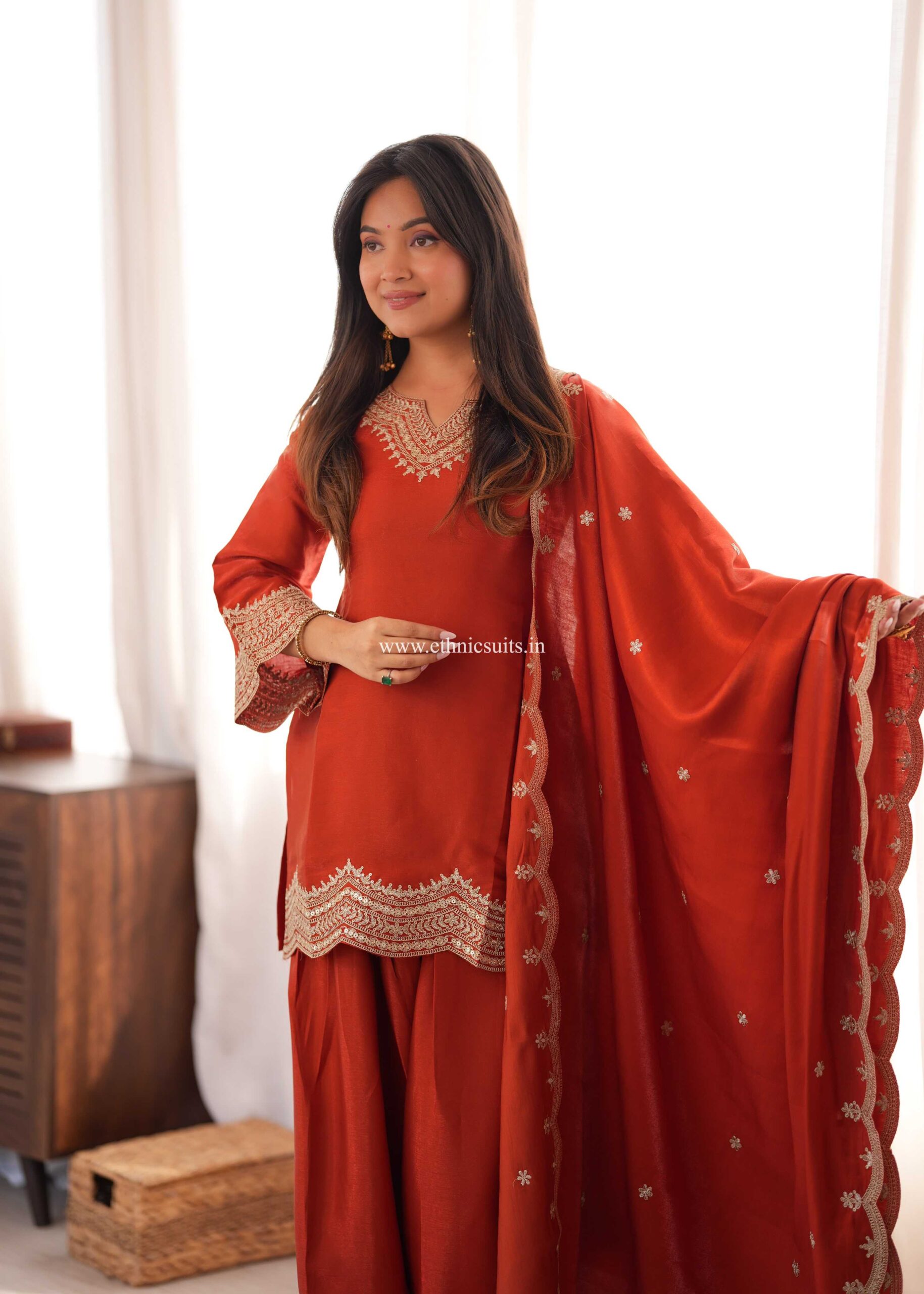 Rust Color Farshi Salwar Suit for Girls - Image 4