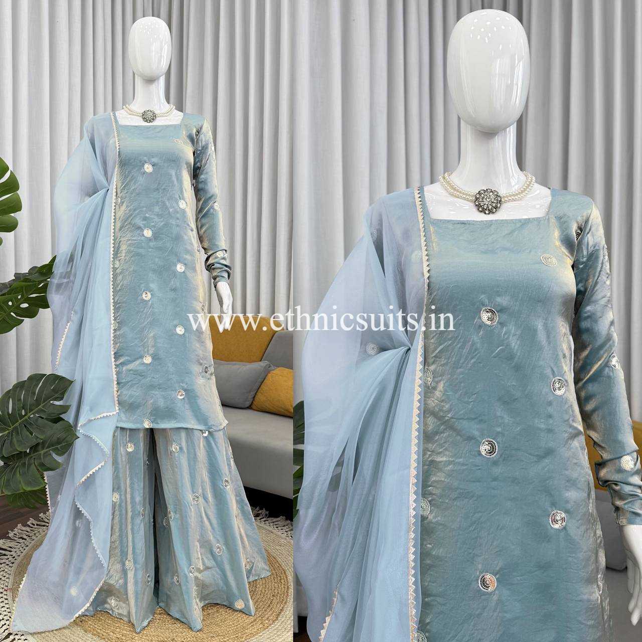Sky Blue Silk Suit for Girls - Image 3