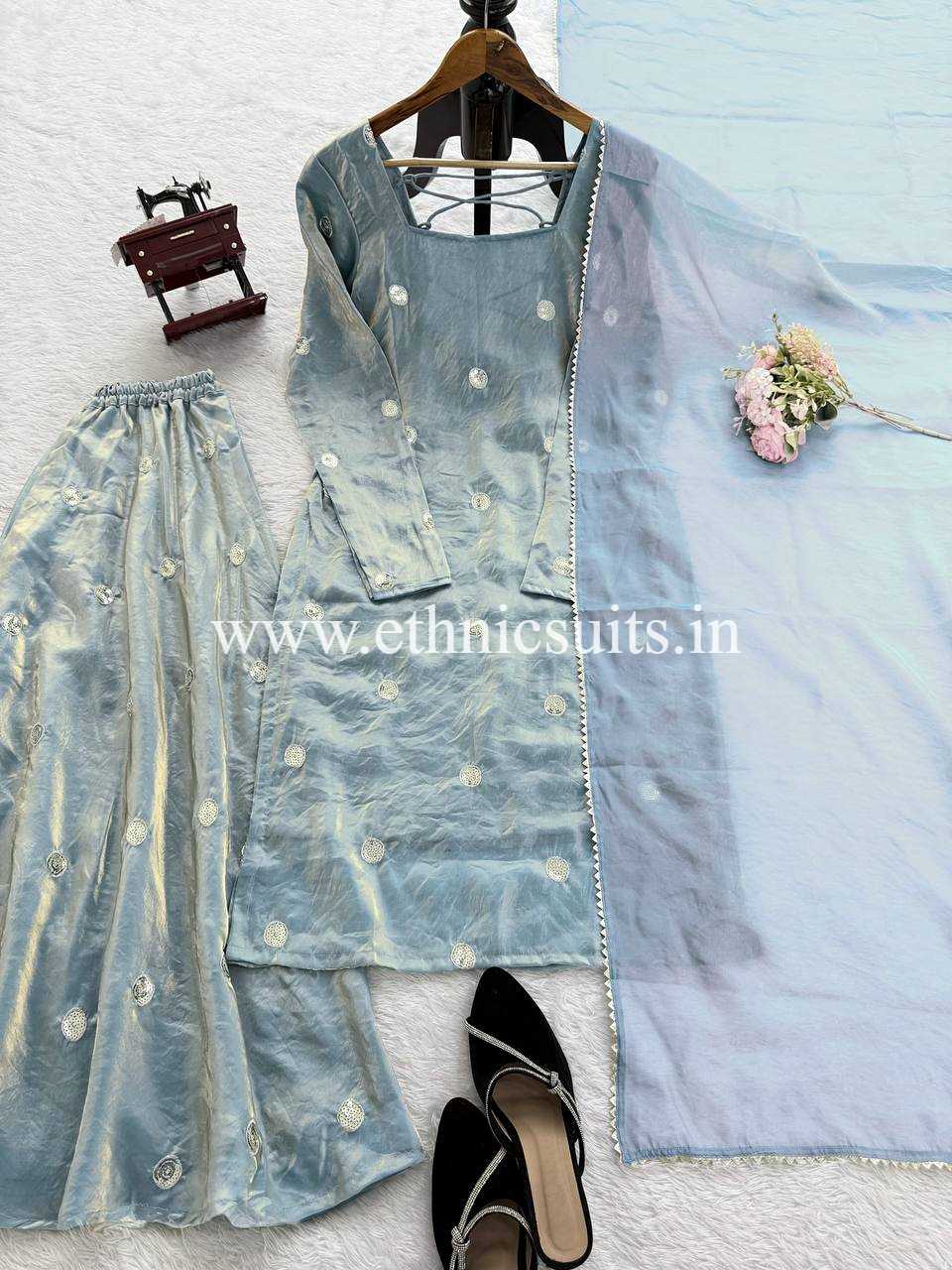 Sky Blue Silk Suit for Girls - Image 6