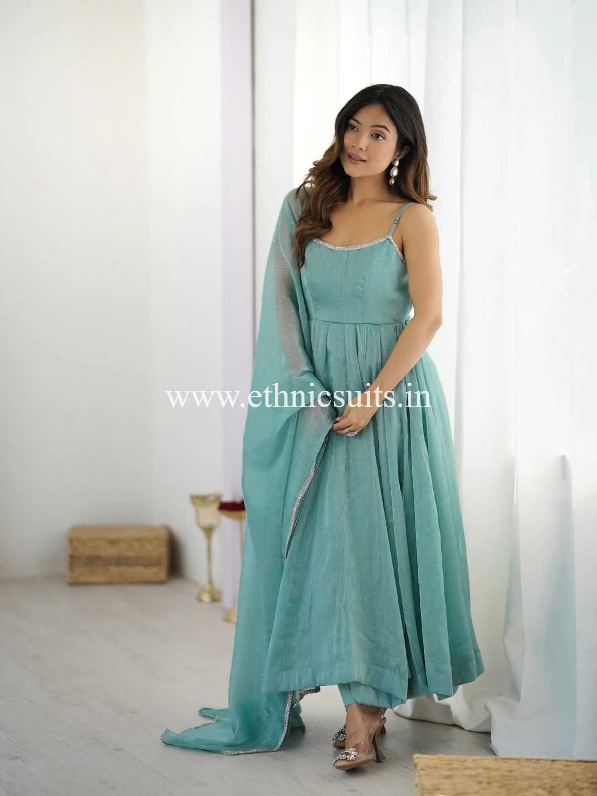 Sky Blue Sleeveless Anarkali Dress for Girls - Image 9