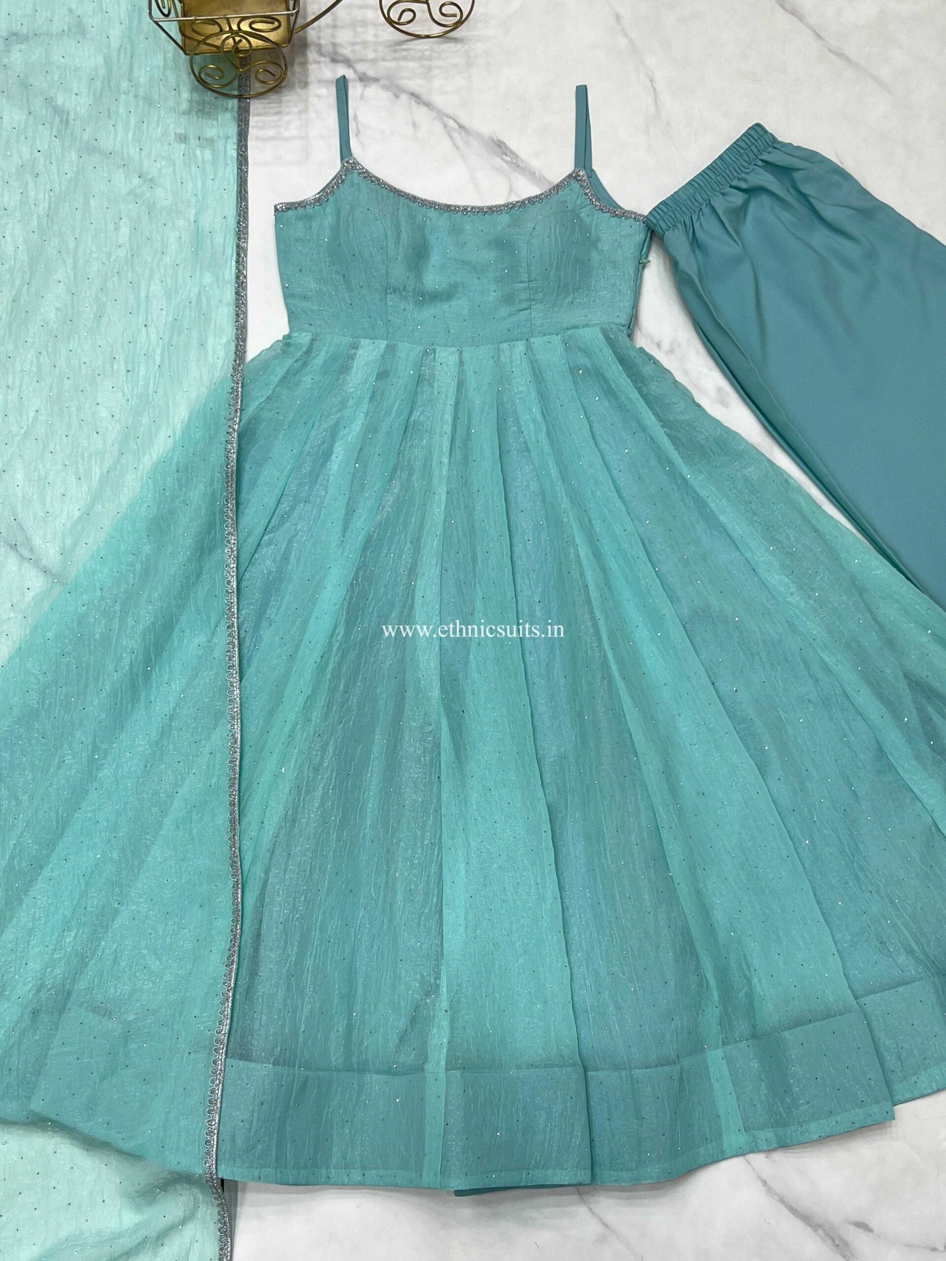 Sky Blue Sleeveless Anarkali Dress for Girls - Image 3
