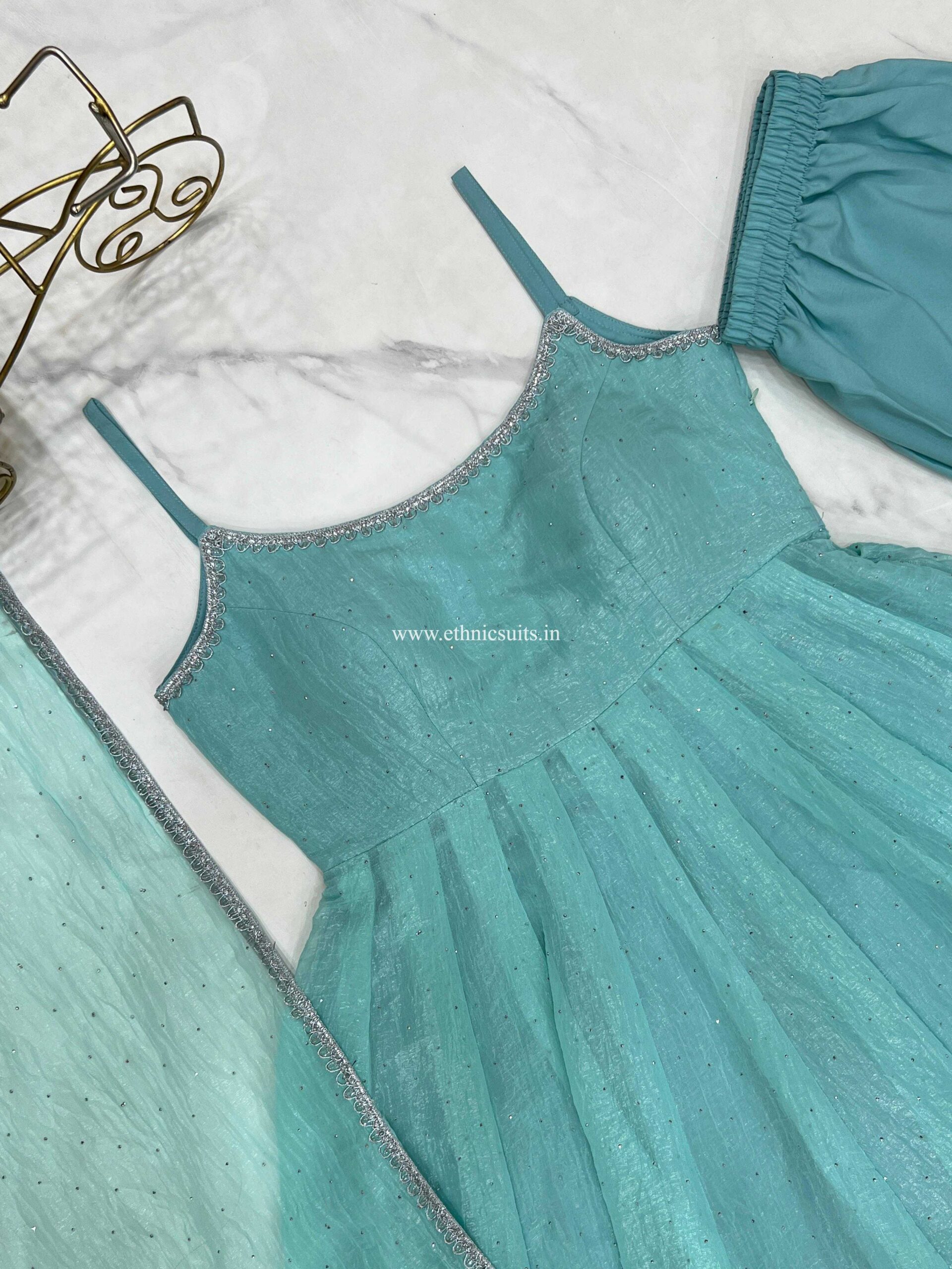 Sky Blue Sleeveless Anarkali Dress for Girls - Image 4