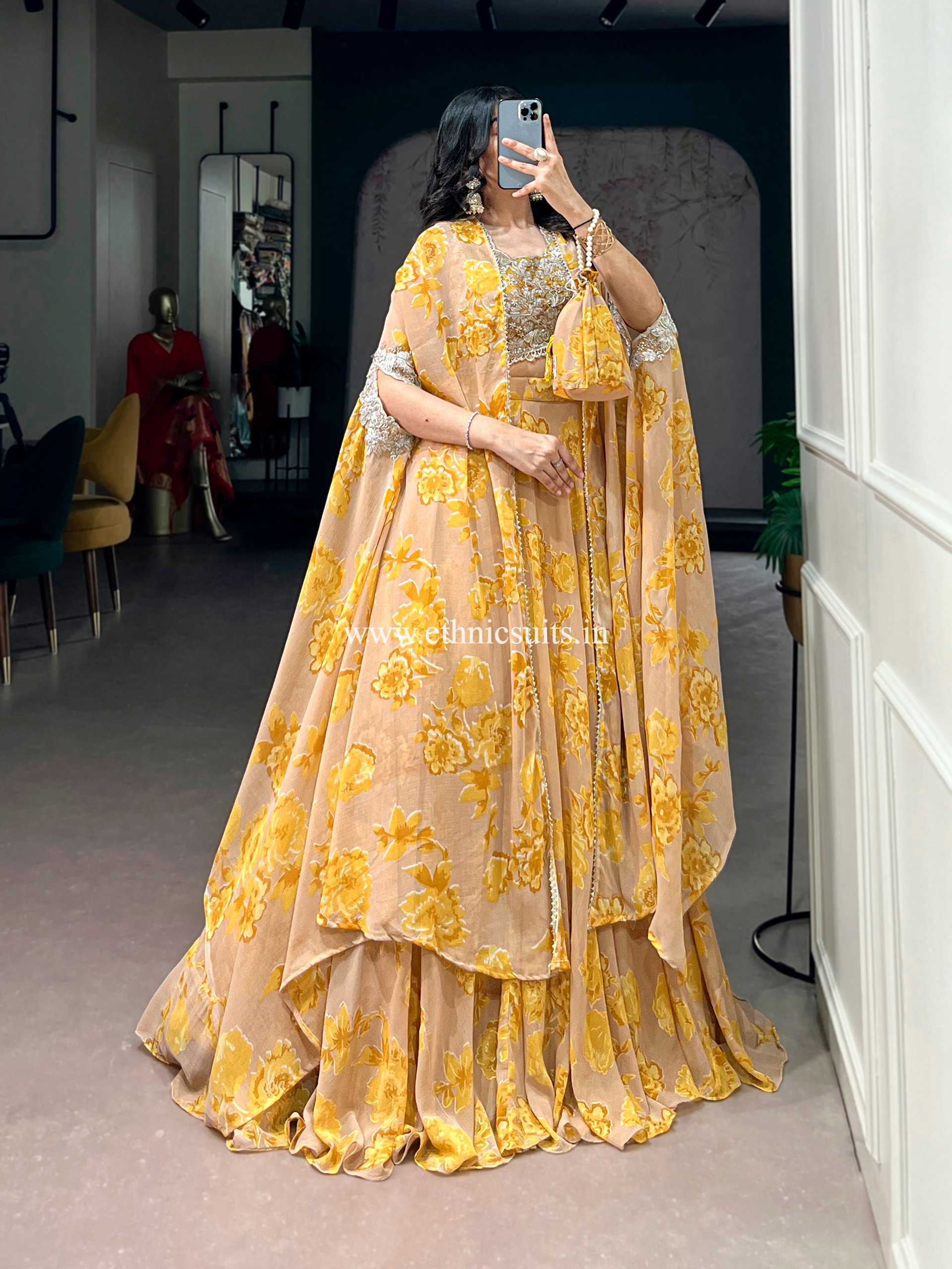 Yellow Color Floral Lehenga Choli with Cape Dupatta - Image 2
