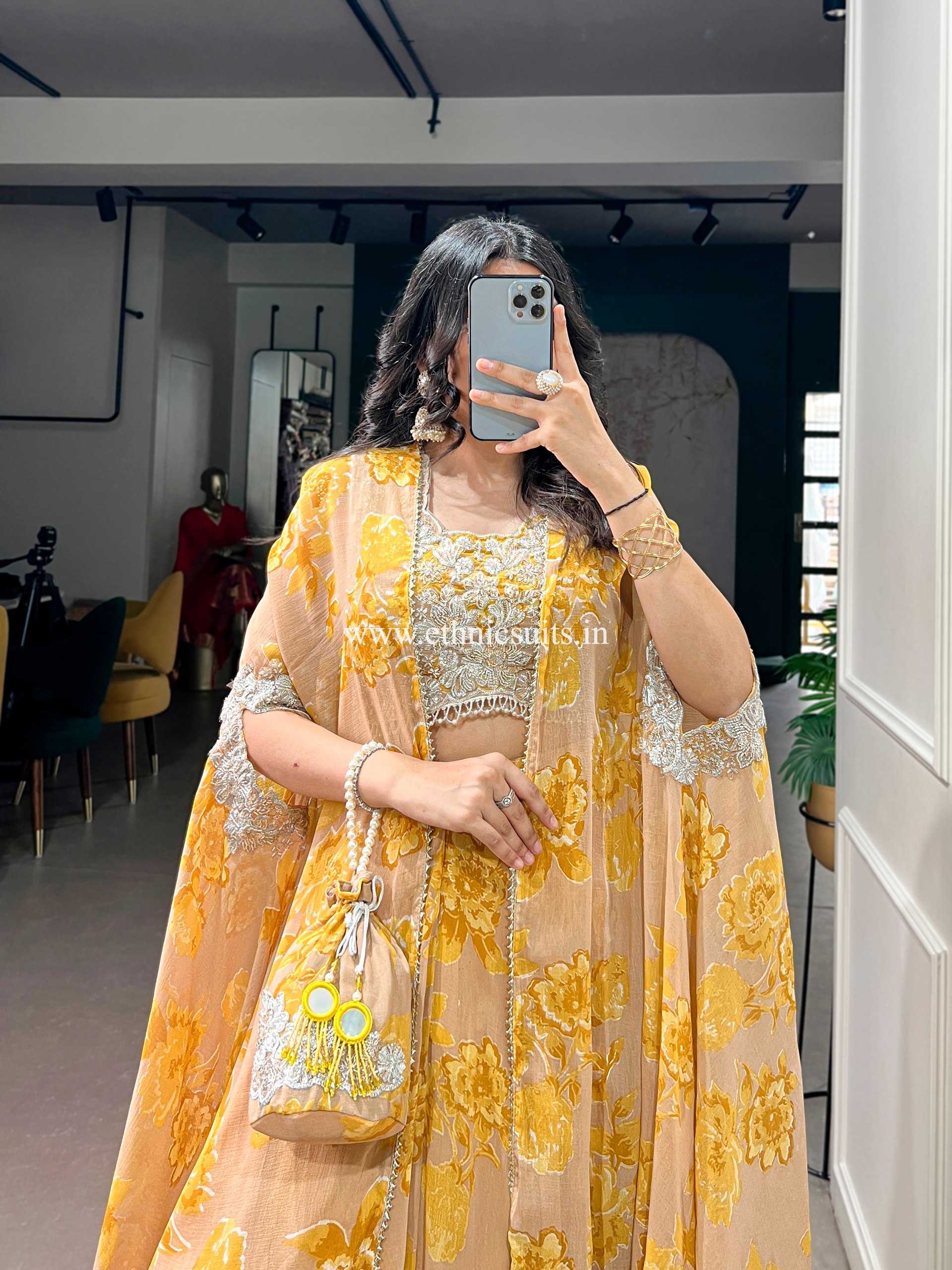 Yellow Color Floral Lehenga Choli with Cape Dupatta - Image 3